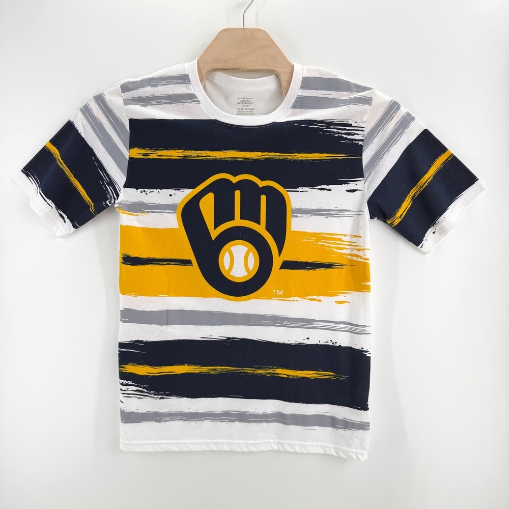 MLB Milwaukee Brewers Graphic Tee YXL 100% Cotton Navy Yellow Sporty Fan Gear